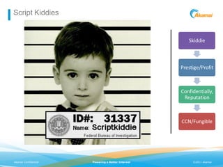 Script Kiddies


                                                      Skiddie



                                                   Prestige/Profit



                                                   Confidentially,
                                                    Reputation



                                                   CCN/Fungible




Akamai Confidential   Powering a Better Internet        ©2011 Akamai
 