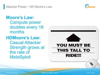 Attacker Power - HD Moore’s Law


Moore’s Law:
 Compute power
 doubles every 18
 months
HDMoore’s Law:
 Casual Attacker
 Strength grows at
 the rate of
 MetaSploit


Akamai Confidential    Powering a Better Internet   ©2011 Akamai
 