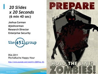 20 Slides
     x 20 Seconds
     (6 min 40 sec)
   Joshua Corman
   @joshcorman
   Research Director
   Enterprise Security




   RSA 2011
   PechaKucha Happy Hour
   http://www.youtube.com/watch?v=JQEBYxp_vKs




Akamai Confidential                     Powering a Better Internet   ©2011 Akamai
 