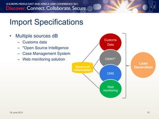 Import Specifications
• Multiple sources dB
– Customs data
– *Open Source Intelligence
– Case Management System
– Web monitoring solution
19 June 2013 15
Lead
Generation
Customs
Data
OSINT*
Source of
Information
CMS
Web
monitoring
 