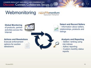 Webmonitoring
19 June 2013 16
Global Monitoring
of products, partner
activities across the
Internet
Detect and Record Sellers
Information about sellers,
relationships, products and
listings
Analysis and Reporting
Sellers’ ranking using
risk indices
Adhoc reporting
Custom monthly status
reports
Actions and Resolutions
Execute enforcement
options for auction
takedowns
 
