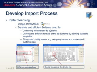 Develop Import Process
• Data Cleansing
• Usage of InfoZoom
• Dynamic and efficient Software used for
– Combining the different dB systems
– Unifying the different formats of the dB systems by defining standard
templates
– Fixing data quality issues, e.g. company names and addresses in
customs data:
19 June 2013 18
Different name spellings Special characters, line breaks etc.
 