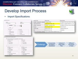 Develop Import Process
• Import Specifications
19 June 2013 19
Challenge
Incorporate
old legacy
databases
Upload of
large data
files
Different
structures
of data
 