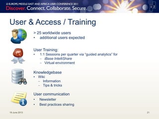 User & Access / Training
User communication
• Newsletter
• Best practices sharing
19 June 2013 21
> 25 worldwide users
• additional users expected
User Training:
• 1:1 Sessions per quarter via “guided analytics” for
iBase IntelliShare
Virtual environment
Knowledgebase
• Wiki
Information
Tips & tricks
 