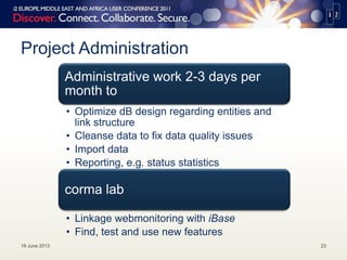 Project Administration
19 June 2013 23
Administrative work 2-3 days per
month to
• Optimize dB design regarding entities and
link structure
• Cleanse data to fix data quality issues
• Import data
• Reporting, e.g. status statistics
corma lab
• Linkage webmonitoring with iBase
• Find, test and use new features
 