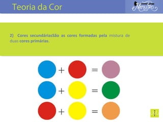 2) Cores secundáriasSão as cores formadas pela mistura de
duas cores primárias.
Teoria da Cor
 