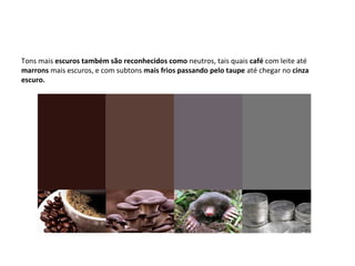 Tons mais escuros também são reconhecidos como neutros, tais quais café com leite até
marrons mais escuros, e com subtons mais frios passando pelo taupe até chegar no cinza
escuro.
 