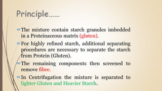Principle……
The mixture contain starch granules imbedded
in a Proteinaceous matrix (gluten).
For highly refined starch, additional separating
procedures are necessary to separate the starch
from Protein (Gluten).
The remaining components then screened to
remove fibre.
In Centrifugation the mixture is separated to
lighter Gluten and Heavier Starch.
 