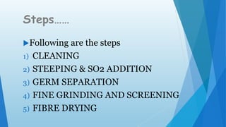 Steps……
Following are the steps
1) CLEANING
2) STEEPING & SO2 ADDITION
3) GERM SEPARATION
4) FINE GRINDING AND SCREENING
5) FIBRE DRYING
 