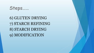 Steps……
6) GLUTEN DRYING
7) STARCH REFINING
8) STARCH DRYING
9) MODIFICATION
 