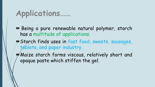 Applications……
 Being a pure renewable natural polymer, starch
has a multitude of applications.
Starch finds uses in fast food, sweets, sausages,
tablets, and paper industry.
Maize starch forms viscous, relatively short and
opaque paste which stiffen the gel.
 