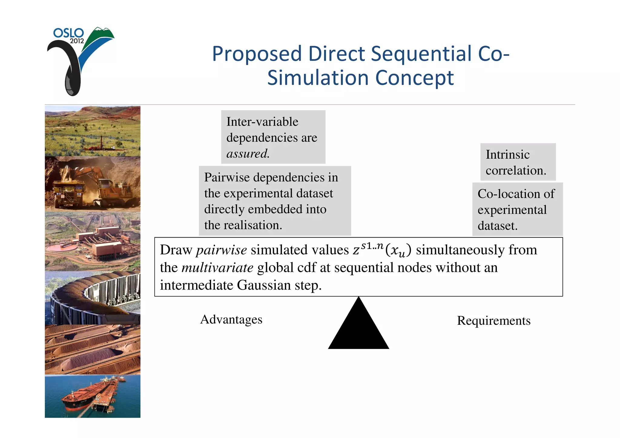 Proposed Direct Sequential Co-
             Simulation Concept
          Inter-variable
          dependencies are
          assured.                                  Intrinsic
                                                    correlation.
       Pairwise dependencies in
       the experimental dataset                    Co-location of
       directly embedded into                      experimental
       the realisation.                            dataset.
Draw pairwise simulated values ‫ ݖ‬௦ଵ..௡ ‫ݔ‬௨ simultaneously from
the multivariate global cdf at sequential nodes without an
intermediate Gaussian step.

      Advantages                                Requirements
 