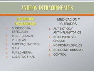 EXAMENES
REQUERIDOS:
1. MICROSCOPIA
ESPECULAR
2. LONGITUD AXIAL
3. PENTACAM
4. MAPA PAQUIMETRICO
5. O.R.A
6. PUPILOMETRIA
7. SUBJETIVO FINAL.
MEDICACION Y
CUIDADOS
1. ANTIBIOTICO,Y
ANTIINFLAMATORIOS
2. NO DEPORTES DE
CHOQUE
3. NO FROTAR LOS OJOS
4. NO DORMIR BOCABAJO
5. CONTROL
 