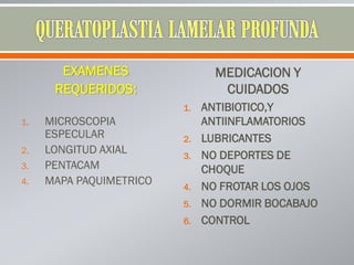 EXAMENES
REQUERIDOS:
1. MICROSCOPIA
ESPECULAR
2. LONGITUD AXIAL
3. PENTACAM
4. MAPA PAQUIMETRICO
MEDICACION Y
CUIDADOS
1. ANTIBIOTICO,Y
ANTIINFLAMATORIOS
2. LUBRICANTES
3. NO DEPORTES DE
CHOQUE
4. NO FROTAR LOS OJOS
5. NO DORMIR BOCABAJO
6. CONTROL
 