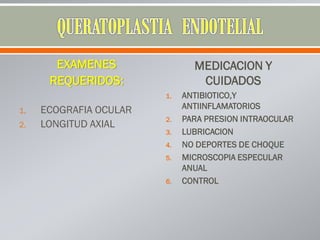 EXAMENES
REQUERIDOS:
1. ECOGRAFIA OCULAR
2. LONGITUD AXIAL
MEDICACION Y
CUIDADOS
1. ANTIBIOTICO,Y
ANTIINFLAMATORIOS
2. PARA PRESION INTRAOCULAR
3. LUBRICACION
4. NO DEPORTES DE CHOQUE
5. MICROSCOPIA ESPECULAR
ANUAL
6. CONTROL
 