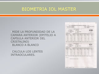 MIDE LA PROFUNDIDAD DE LA
CAMARA ANTERIOR (EPITELIO A
CAPSULA ANTERIOR DEL
CRISTALINO)
BLANCO A BLANCO
CALCULA LOS LENTES
INTRAOCULARES.
 