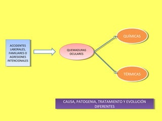 QUÍMICAS
                                              QUÍMICAS

  ACCIDENTES
   ACCIDENTES
  LABORALES,
   LABORALES,     QUEMADURAS
                   QUEMADURAS
 FAMILIARES O
  FAMILIARES O      OCULARES
                     OCULARES
  AGRESIONES
   AGRESIONES
INTENCIONALES
 INTENCIONALES



                                              TÉRMICAS
                                               TÉRMICAS




                 CAUSA, PATOGENIA, TRATAMIENTO YYEVOLUCIÓN
                  CAUSA, PATOGENIA, TRATAMIENTO EVOLUCIÓN
                                 DIFERENTES
                                  DIFERENTES
 