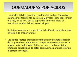 QUEMADURAS POR ÁCIDOS
• Los ácidos débiles penetran con libertad en las células vivas,
  algunos más fácilmente que otros, y a veces los tejidos limitan
  el daño, los cuales, por su capacidad amortiguadora al
  reaccionar con los ácidos, los restringen.

• Su daño es menor y el aspecto de la lesión circunscribe a una
  irritación de grado variable.

• Los ácidos fuertes producen coagulación y desnaturalización
  de las proteínas celulares con las que entran en contacto; la
  mayor parte de los iones ácidos se unen con las proteínas,
  limitando la habilidad de estos compuestos para penetrar en
  el estroma corneal.
 