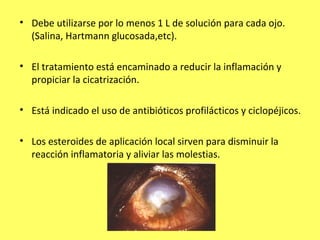 • Debe utilizarse por lo menos 1 L de solución para cada ojo.
  (Salina, Hartmann glucosada,etc).

• El tratamiento está encaminado a reducir la inflamación y
  propiciar la cicatrización.

• Está indicado el uso de antibióticos profilácticos y ciclopéjicos.

• Los esteroides de aplicación local sirven para disminuir la
  reacción inflamatoria y aliviar las molestias.
 