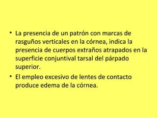 • La presencia de un patrón con marcas de
  rasguños verticales en la córnea, indica la
  presencia de cuerpos extraños atrapados en la
  superficie conjuntival tarsal del párpado
  superior.
• El empleo excesivo de lentes de contacto
  produce edema de la córnea.
 