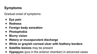 Symptoms
Gradual onset of symptoms:
● Eye pain
● Redness
● Foreign body sensation
● Photophobia
● Blurry vision
● Watery or mucopurulent discharge
● White or grayish corneal ulcer with feathery borders
● Satellite lesions may be present
● Hypopyon (pus in the anterior chamber) in advanced cases
 
