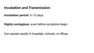Incubation and Transmission
Incubation period: 5–12 days
Highly contagious, even before symptoms begin
Can spread rapidly in hospitals, schools, or offices
 