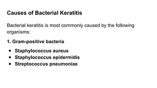 Causes of Bacterial Keratitis
Bacterial keratitis is most commonly caused by the following
organisms:
1. Gram-positive bacteria
● Staphylococcus aureus
● Staphylococcus epidermidis
● Streptococcus pneumoniae
 