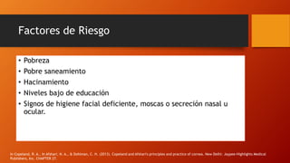Factores de Riesgo
• Pobreza
• Pobre saneamiento
• Hacinamiento
• Niveles bajo de educación
• Signos de higiene facial deficiente, moscas o secreción nasal u
ocular.
In Copeland, R. A., In Afshari, N. A., & Dohlman, C. H. (2013). Copeland and Afshari's principles and practice of cornea. New Delhi: Jaypee-Highlights Medical
Publishers, Inc. CHAPTER 27.
 