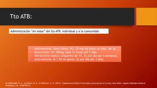 Tto ATB:
Administración “en masa” del tto ATB: individual y a la comunidad.
• Azitromicina: Dosis Única, VO, 20 mg/kg hasta un max. de 1g
• Doxiciclina: VO 100mg cada 12 horas por 7 días.
• Tetraciclina tópica: Ungüento de 1%, 2x por día por 6 semanas.
• Azitromicina: al 1.5% en gotas, 2x por día por 3 días.
IN COPELAND, R. A., In Afshari, N. A., & Dohlman, C. H. (2013). Copeland and Afshari's principles and practice of cornea. New Delhi: Jaypee-Highlights Medical
Publishers, Inc. CHAPTER 27.
 