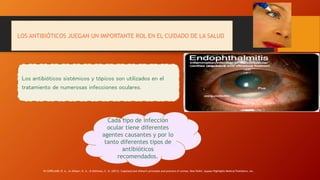 LOS ANTIBIÓTICOS JUEGAN UN IMPORTANTE ROL EN EL CUIDADO DE LA SALUD.
Los antibióticos sistémicos y tópicos son utilizados en el
tratamiento de numerosas infecciones oculares.
BlefaritisConjuntivitisQueratitis
Celulitis orbitaria
Cada tipo de infección
ocular tiene diferentes
agentes causantes y por lo
tanto diferentes tipos de
antibióticos
recomendados.
IN COPELAND, R. A., In Afshari, N. A., & Dohlman, C. H. (2013). Copeland and Afshari's principles and practice of cornea. New Delhi: Jaypee-Highlights Medical Publishers, Inc.
 