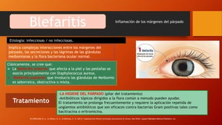 Blefaritis Inflamación de los márgenes del párpado
Etiología: infecciosas / no infecciosas.
Implica complejas interacciones entre los márgenes del
párpado, las secreciones y las lágrimas de las glándulas
meibomianas y la flora bacteriana ocular normal.
Clásicamente, se cree que:
 La blefaritis anterior que afecta a la piel y las pestañas se
asocia principalmente con Staphylococcus aureus.
 Blefaritis posterior que involucra las glándulas de Meibomio
es seborreica, obstructiva o mixta.
-LA HIGIENE DEL PÁRPADO (pilar del tratamiento)
-Antibióticos tópicos dirigidos a la flora común a menudo pueden ayudar.
El tratamiento se prolonga frecuentemente y requiere la aplicación repetida de
ungüentos antibióticos que son eficaces contra bacterias Gram positivas tales como
bacitracina o eritromicina.
Tratamiento
IN COPELAND, R. A., In Afshari, N. A., & Dohlman, C. H. (2013). Copeland and Afshari's principles and practice of cornea. New Delhi: Jaypee-Highlights Medical Publishers, Inc.
 