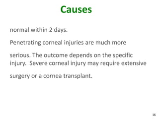 16
Causes
normal within 2 days.
Penetrating corneal injuries are much more
serious. The outcome depends on the specific
injury. Severe corneal injury may require extensive
surgery or a cornea transplant.
 
