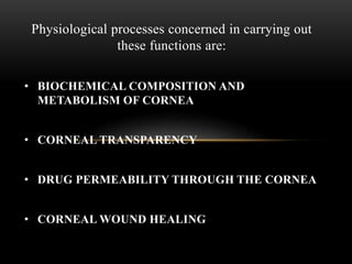 Physiological processes concerned in carrying out 
these functions are: 
• BIOCHEMICAL COMPOSITION AND 
METABOLISM OF CORNEA 
• CORNEAL TRANSPARENCY 
• DRUG PERMEABILITY THROUGH THE CORNEA 
• CORNEAL WOUND HEALING 
 