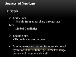 Sources of Nutrients 
1) Oxygen 
 Epithelium 
– Mainly from atmosphere through tear 
film 
- Limbal Capillaries 
 Endothelium 
- Through aqueous humour 
• Minimum oxygen tension for normal corneal 
hydration is 11-19 mm Hg. Below this range 
cornea will hydrate and swell 
 