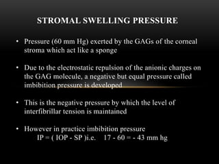 STROMAL SWELLING PRESSURE 
• Pressure (60 mm Hg) exerted by the GAGs of the corneal 
stroma which act like a sponge 
• Due to the electrostatic repulsion of the anionic charges on 
the GAG molecule, a negative but equal pressure called 
imbibition pressure is developed 
• This is the negative pressure by which the level of 
interfibrillar tension is maintained 
• However in practice imbibition pressure 
IP = ( IOP - SP )i.e. 17 - 60 = - 43 mm hg 
 