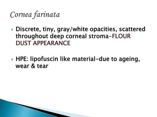  Discrete, tiny, gray/white opacities, scattered
throughout deep corneal stroma-FLOUR
DUST APPEARANCE
 HPE: lipofuscin like material-due to ageing,
wear & tear
 