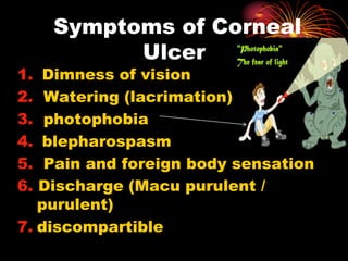 1. Dimness of vision
2. Watering (lacrimation)
3. photophobia
4. blepharospasm
5. Pain and foreign body sensation
6. Discharge (Macu purulent /
purulent)
7. discompartible
Symptoms of Corneal
Ulcer
 
