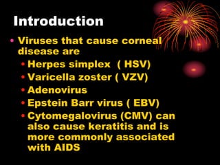 Introduction
• Viruses that cause corneal
disease are
• Herpes simplex ( HSV)
• Varicella zoster ( VZV)
• Adenovirus
• Epstein Barr virus ( EBV)
• Cytomegalovirus (CMV) can
also cause keratitis and is
more commonly associated
with AIDS
 