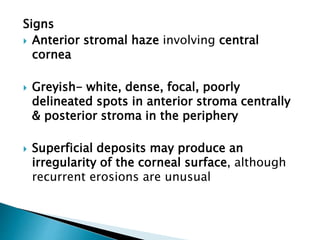 Signs
 Anterior stromal haze involving central
cornea
 Greyish- white, dense, focal, poorly
delineated spots in anterior stroma centrally
& posterior stroma in the periphery
 Superficial deposits may produce an
irregularity of the corneal surface, although
recurrent erosions are unusual
 