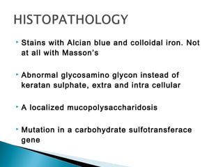  Stains with Alcian blue and colloidal iron. Not
at all with Masson’s
 Abnormal glycosamino glycon instead of
keratan sulphate, extra and intra cellular
 A localized mucopolysaccharidosis
 Mutation in a carbohydrate sulfotransferace
gene
 