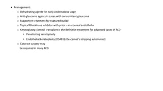  Management:
o Dehydrating agents for early oedematous stage
o Anti-glaucoma agents in cases with concomitant glaucoma
o Supportive treatment for ruptured bullae
o Topical Rho-kinase inhibitor with prior transcorneal endothelial
o Keratoplasty: corneal transplant is the definitive treatment for advanced cases of FCD
▪ Penetrating keratoplasty
▪ Endothelial keratoplasty (DSAEK) (Descemet’s stripping automated)
o Cataract surgery may
be required in many FCD
 