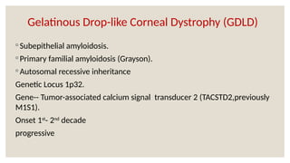 Gelatinous Drop-like Corneal Dystrophy (GDLD)
◦ Subepithelial amyloidosis.
◦ Primary familial amyloidosis (Grayson).
◦ Autosomal recessive inheritance
Genetic Locus 1p32.
Gene-- Tumor-associated calcium signal transducer 2 (TACSTD2,previously
M1S1).
Onset 1st
- 2nd
decade
progressive
 