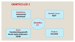 GENETICS LCD 1
Genetics
C1
Inheritance
Autosomal
dominant
Genetic Locus
5q31
Gene
Transforming growth
factor beta–induced—
TGFBI
Product
Amyloid
 