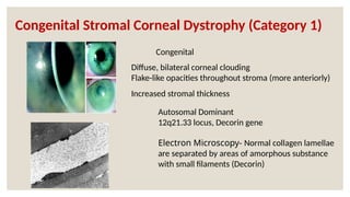 Autosomal Dominant
12q21.33 locus, Decorin gene
Congenital
Diffuse, bilateral corneal clouding
Flake-like opacities throughout stroma (more anteriorly)
Increased stromal thickness
Electron Microscopy- Normal collagen lamellae
are separated by areas of amorphous substance
with small filaments (Decorin)
Congenital Stromal Corneal Dystrophy (Category 1)
 