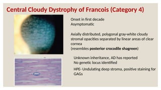 Central Cloudy Dystrophy of Francois (Category 4)
Unknown inheritance, AD has reported
No genetic locus identified
Onset in first decade
Asymptomatic
Axially distributed, polygonal gray-white cloudy
stromal opacities separated by linear areas of clear
cornea
(resembles posterior crocodile shagreen)
HPE- Undulating deep stroma, positive staining for
GAGs
 