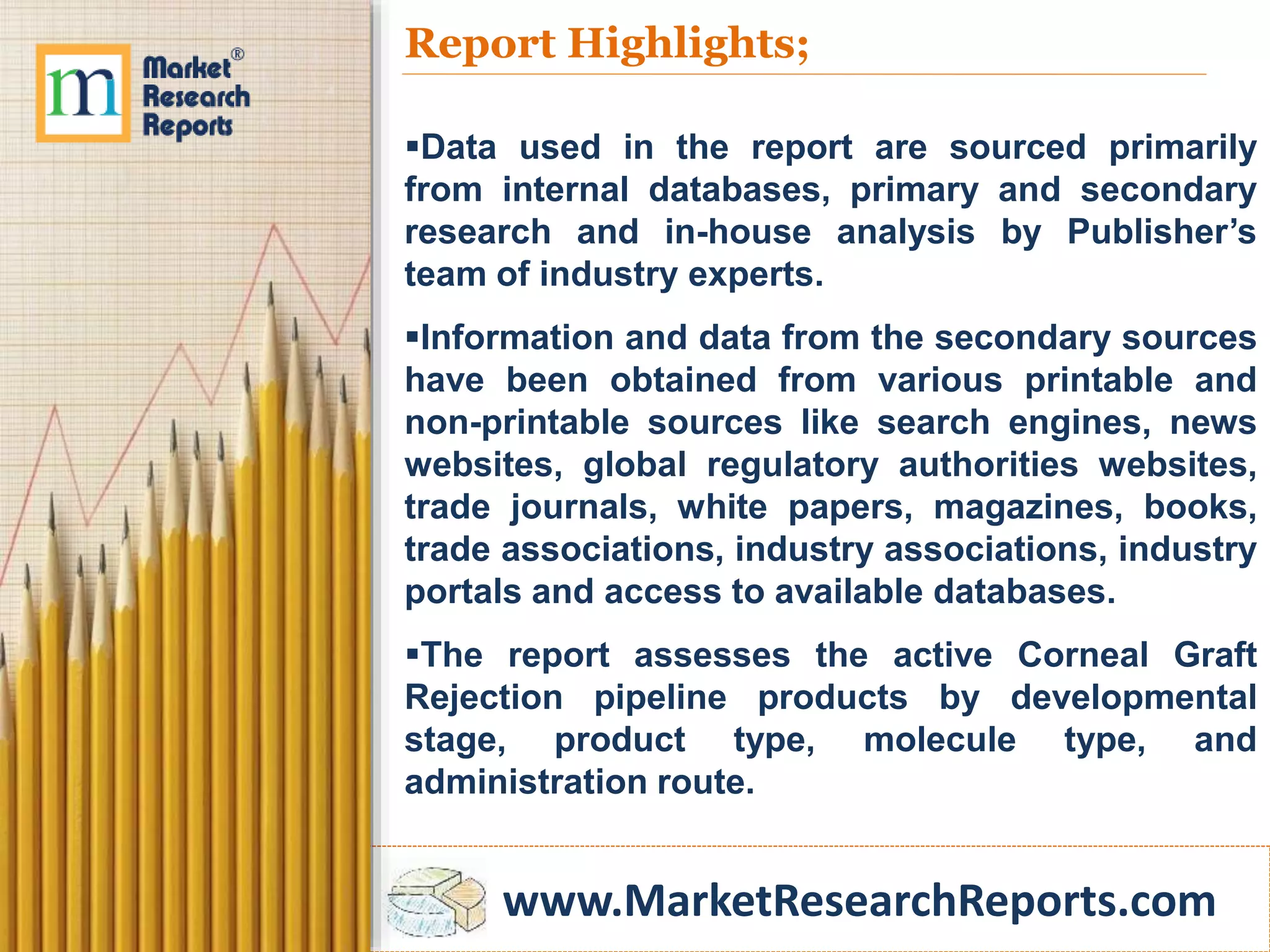 www.MarketResearchReports.com
Report Highlights;
Data used in the report are sourced primarily
from internal databases, primary and secondary
research and in-house analysis by Publisher’s
team of industry experts.
Information and data from the secondary sources
have been obtained from various printable and
non-printable sources like search engines, news
websites, global regulatory authorities websites,
trade journals, white papers, magazines, books,
trade associations, industry associations, industry
portals and access to available databases.
The report assesses the active Corneal Graft
Rejection pipeline products by developmental
stage, product type, molecule type, and
administration route.
 