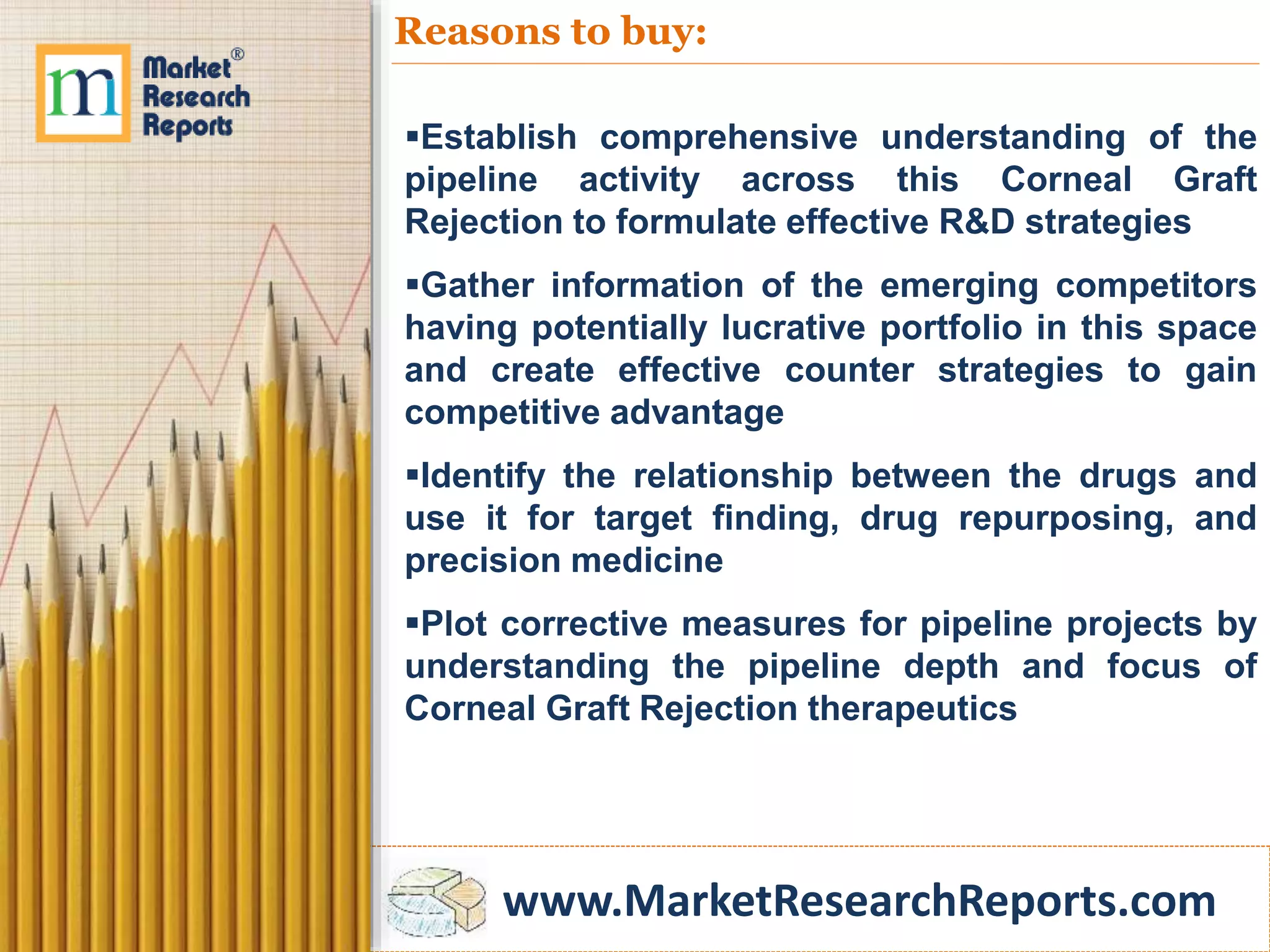 www.MarketResearchReports.com
Reasons to buy:
Establish comprehensive understanding of the
pipeline activity across this Corneal Graft
Rejection to formulate effective R&D strategies
Gather information of the emerging competitors
having potentially lucrative portfolio in this space
and create effective counter strategies to gain
competitive advantage
Identify the relationship between the drugs and
use it for target finding, drug repurposing, and
precision medicine
Plot corrective measures for pipeline projects by
understanding the pipeline depth and focus of
Corneal Graft Rejection therapeutics
 
