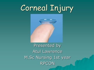 Corneal Injury

Presented by
Atul Lawrence
M.Sc Nursing 1st year
RPCON

 