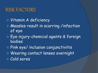 RISK FACTORS
 Vitamin A deficiency
 Measles result in scarring /infection
of eye
 Eye injury-chemical agents & foreign
bodies
 Pink eye/ inclusion conjunctivitis
 Wearing contact lenses overnight
 Cold sores
 