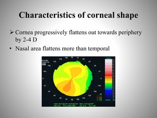 Characteristics of corneal shape
 Cornea progressively flattens out towards periphery
by 2-4 D
• Nasal area flattens more than temporal
 